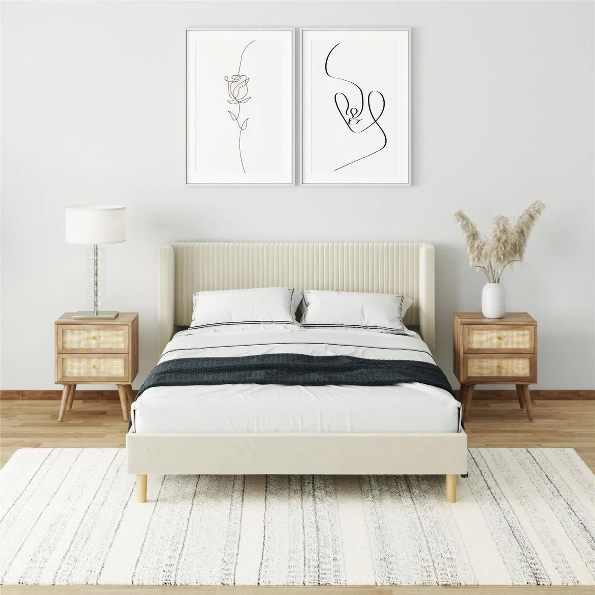 Mainstays Kelsey Upholstered Platform Bed Frame with Tufted Wingback Headboard, No Box Spring Required, Queen, Cream Velvet - image 2
