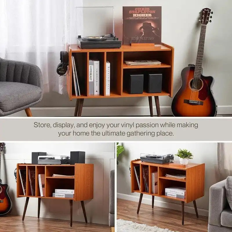 Vinyl Record Player Stand with Built-in Charging Station - Dimensions: 31D x 26W x 15H - image 9