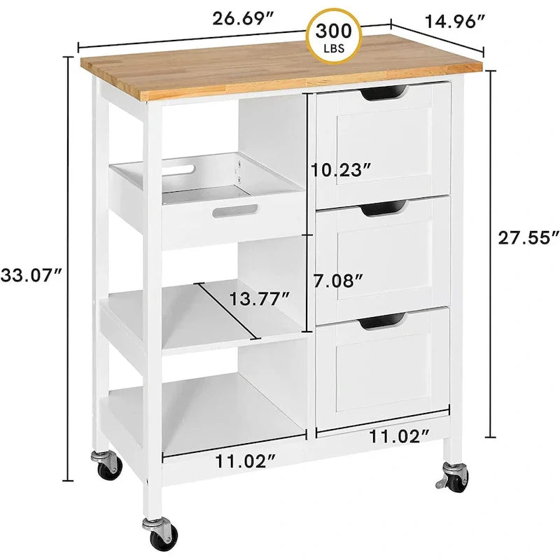Kleio Solid Wood Kitchen Island Storage Cart with 3 Drawers - Rolling Serving Trolley - image 9