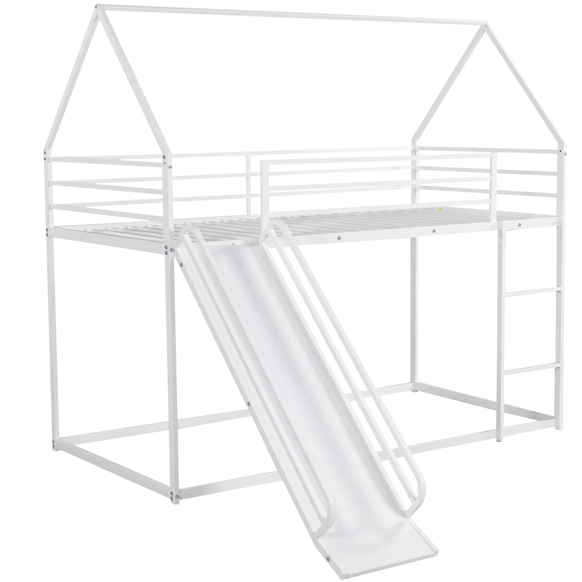 Jump Into Fun Bunk Bed Twin Over Twin, Metal Bunk Bed with Slide, House Low Bunk Bed with Ladder and Safety Guardrails, Noise Free Floor Twin Bunk Beds for Kids, Adults, Bedroom, White - image 3