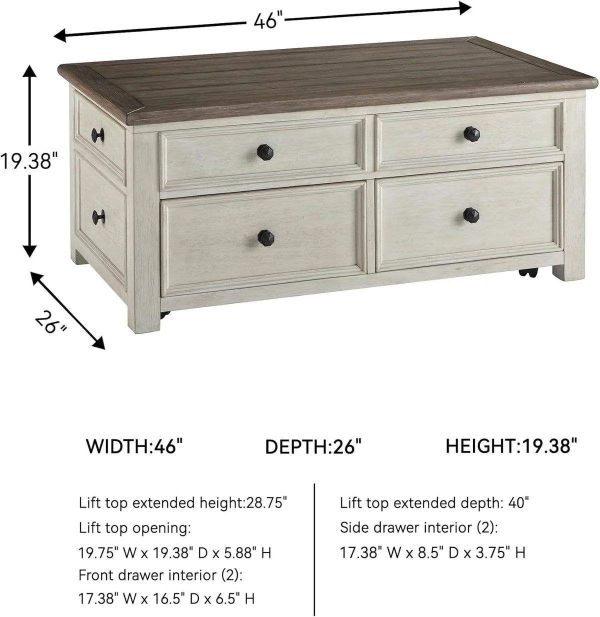 Ashley Bolanburg Lift Top Coffee Table with Drawers, Antique Cream & Brown - image 3