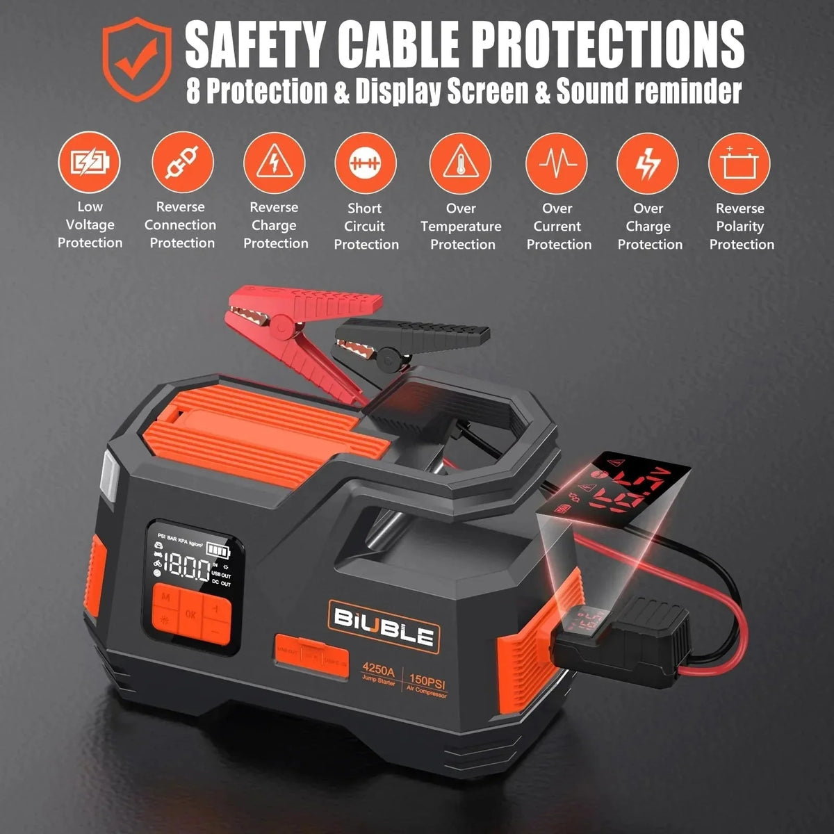 Car Jump Starter with Air Compressor, 4500A Peak 26800mAh 12V Auto with 150PSI Tire Inflatorup to All Gas or 10.0L Diesel Engine - image 7