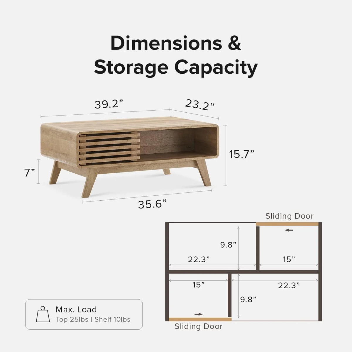 Mopio Ensley Mid Century Modern Rectangle Coffee Table with Dual Storage Shelf, Wood Slat Sliding Door, & Rounded Edge Protection for Living Room, Walnut Grain - image 17