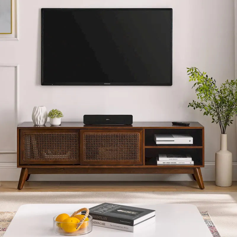 Mid Century TV Stand with Rattan Sliding Doors and Open Shelves - image 1