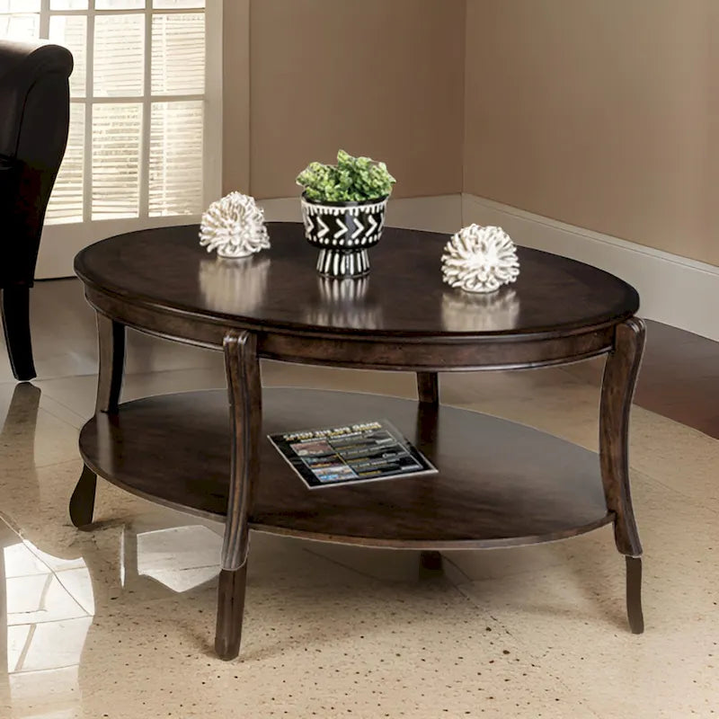 Orio 49-Inch Oval Brown Wood Coffee Table with Open Shelves - image 1