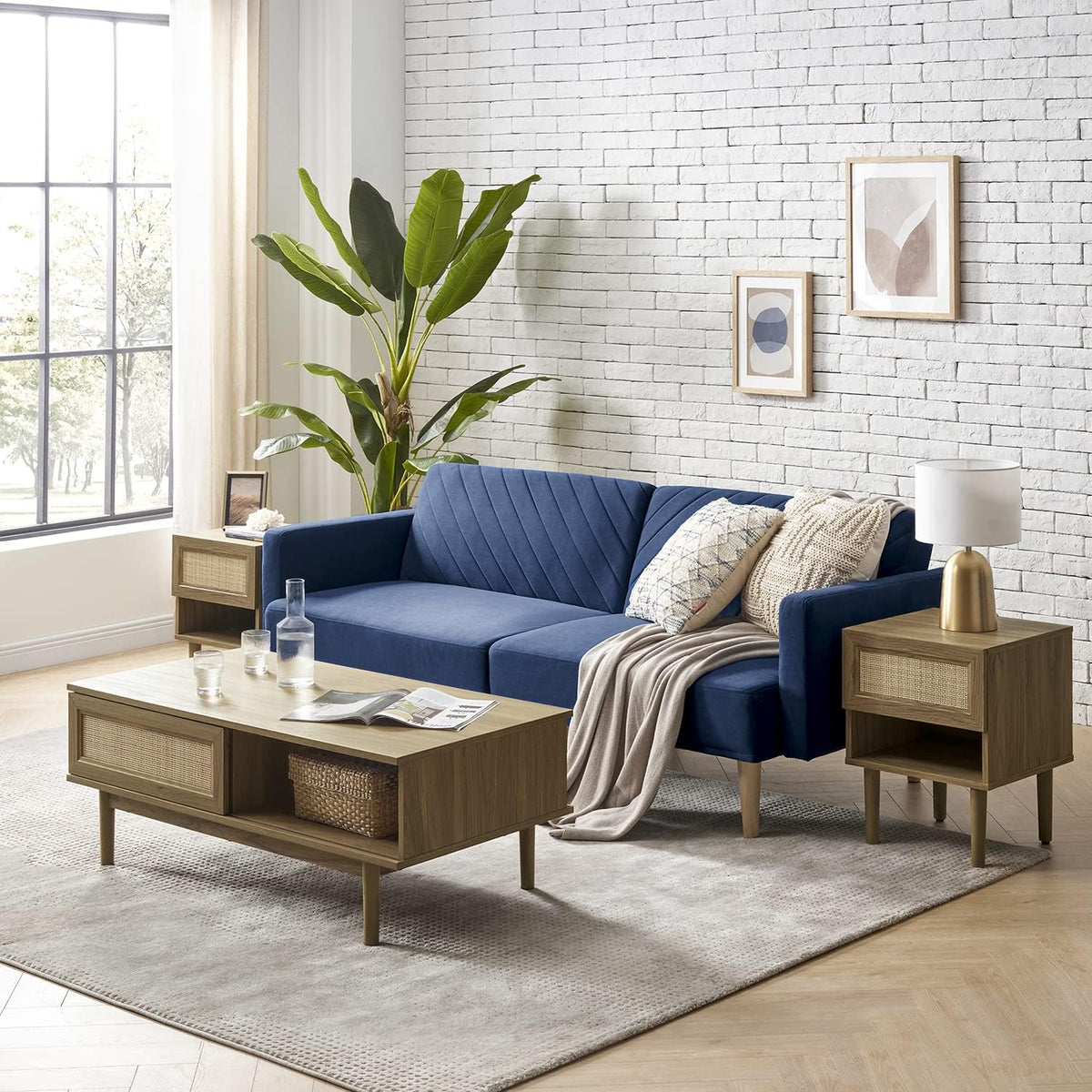 Mopio Ensley Mid Century Modern Rectangle Coffee Table with Dual Storage Shelf, Wood Slat Sliding Door, & Rounded Edge Protection for Living Room, Walnut Grain - image 23