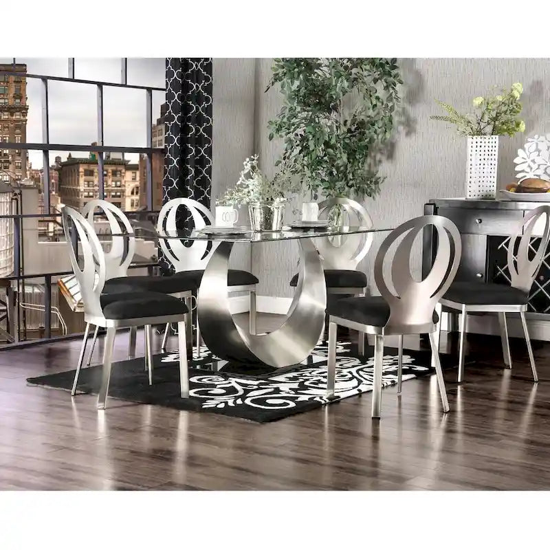 Glass Dining Table Set with 6 Upholstered Chairs and Metal Base - image 1