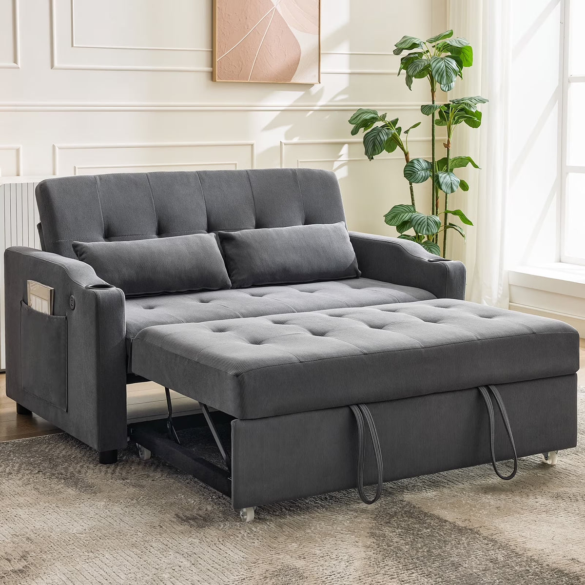 3 in 1 Convertible Sleeper Sofa Bed, Corduroy Futon Couches with Pull-Out Bed, Adjustable Backrest, Charging Port & Side Pockets, Modern Upholstered Sofa for Living Room, Guest Room - image 5