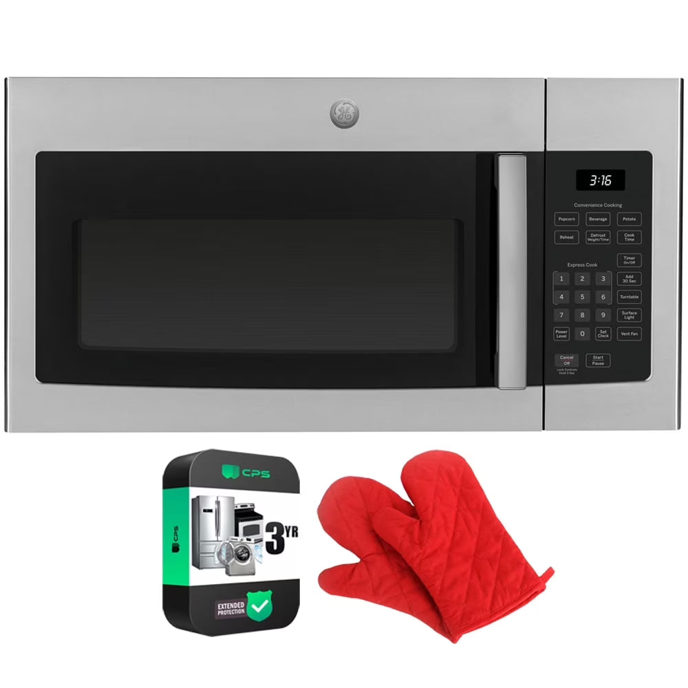 GE JVM3160RFSS 1.6 Cu. Ft. Over-the-Range Microwave Oven Stainless Steel Bundle with Deco Chef Pair of Red Heat Resistant Oven Mitt and 3 YR CPS Enhanced Protection Pack - image 1