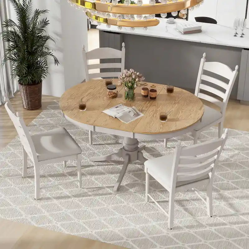 5-Piece Retro Wood Dining Set: Round Extendable Table with 4 Upholstered Chairs - image 14