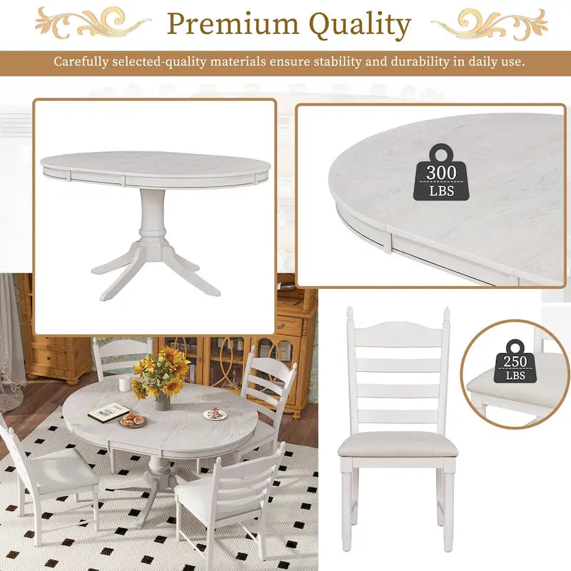 5-Piece Retro Wood Dining Set: Round Extendable Table with 4 Upholstered Chairs - image 12