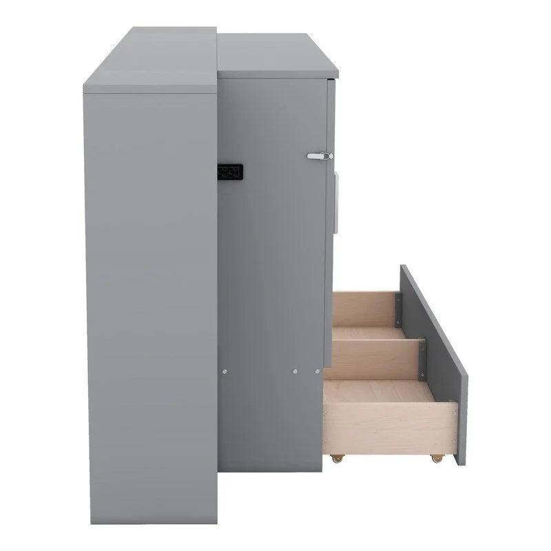 Spacious Wooden Murphy Bed with Shelving, Storage Drawers, and USB Charging Ports - image 4