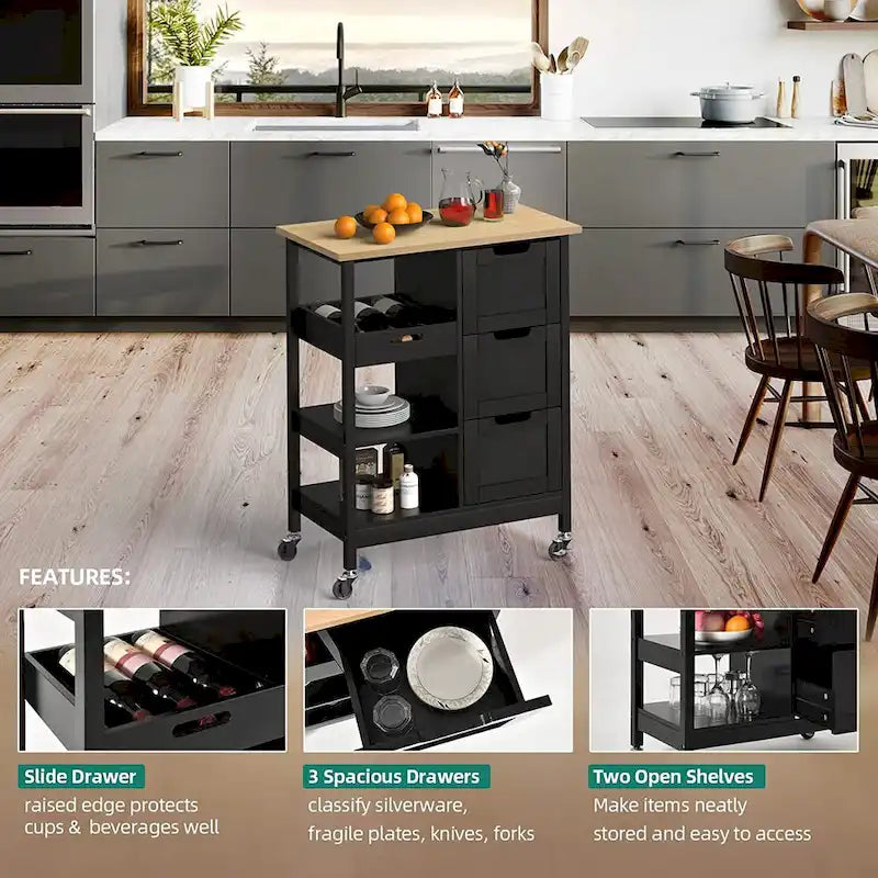 Kleio Solid Wood Kitchen Island Storage Cart with 3 Drawers - Rolling Serving Trolley - image 12
