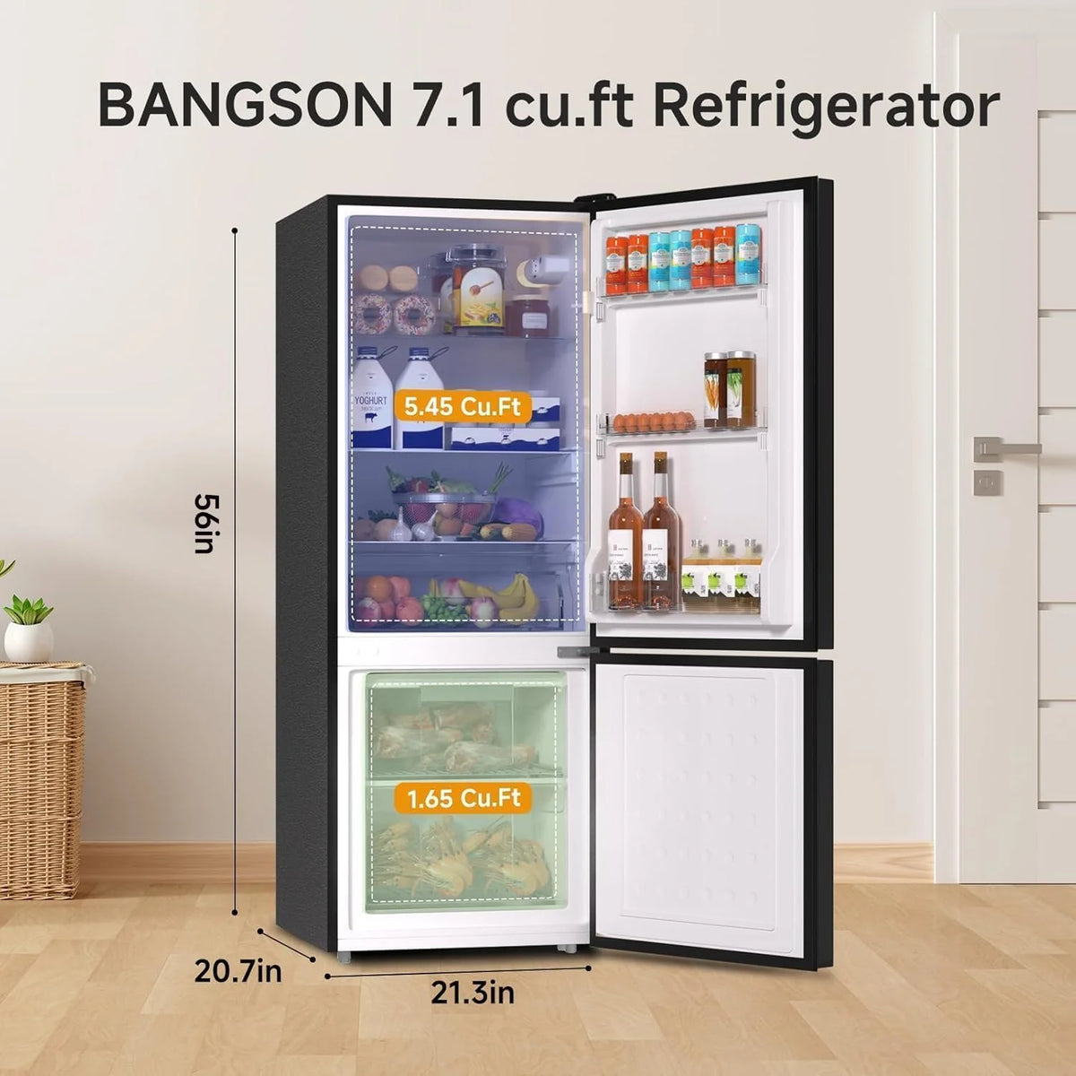 BANGSON Refrigerator 7.1 Cu.Ft Bottom Freezer Black Apartment - image 2