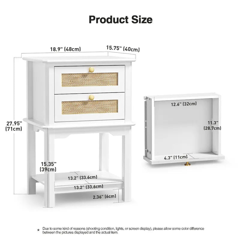 Contemporary 27.95" Tall White 2-Drawer Nightstand with Wood and Rattan, Featuring a Storage Shelf for Bedroom - image 2
