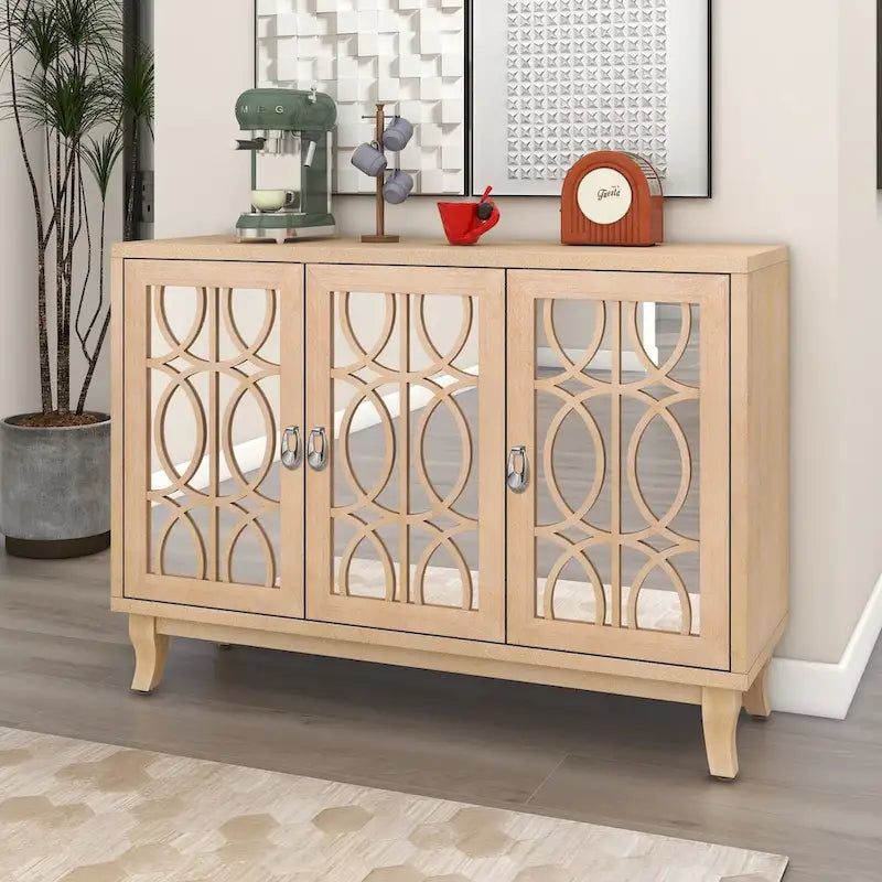 Mirrored Buffet Cabinet with Glass Doors and Silver Handles - 3-Door Sideboard for Living Room, Hallway, and Dining Room - image 13