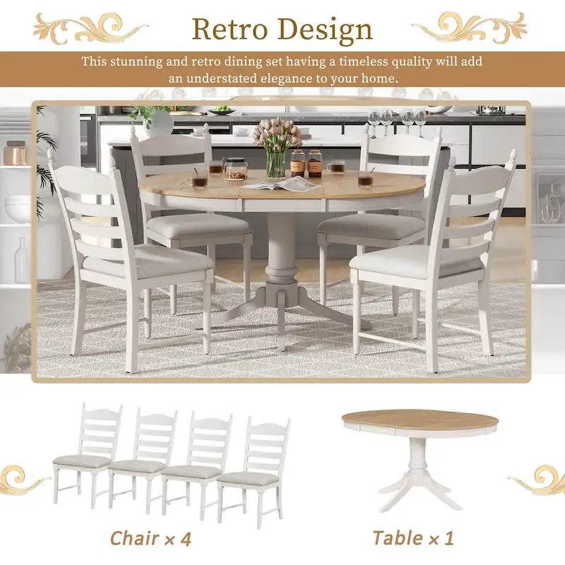 5-Piece Retro Wood Dining Set: Round Extendable Table with 4 Upholstered Chairs - image 15