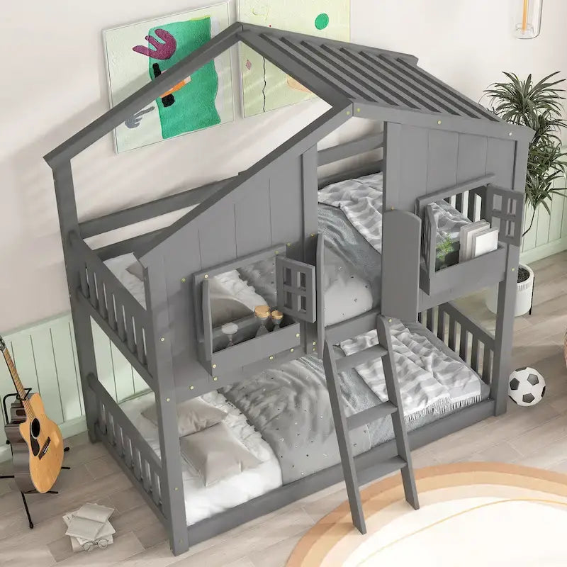 Twin over Twin House Bunk Bed with Roof , Window, Window Box, Door , with Safety Guardrails and Ladder, Grey - image 3