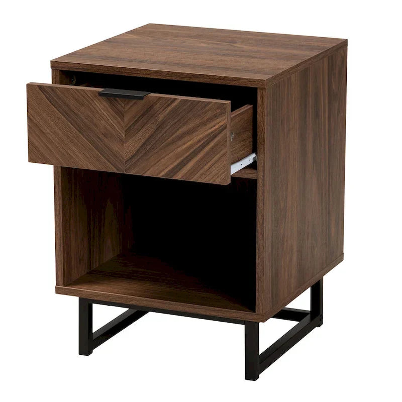 Sadia Contemporary Walnut Brown Wood and Black Metal 1-Drawer Side Table - image 4