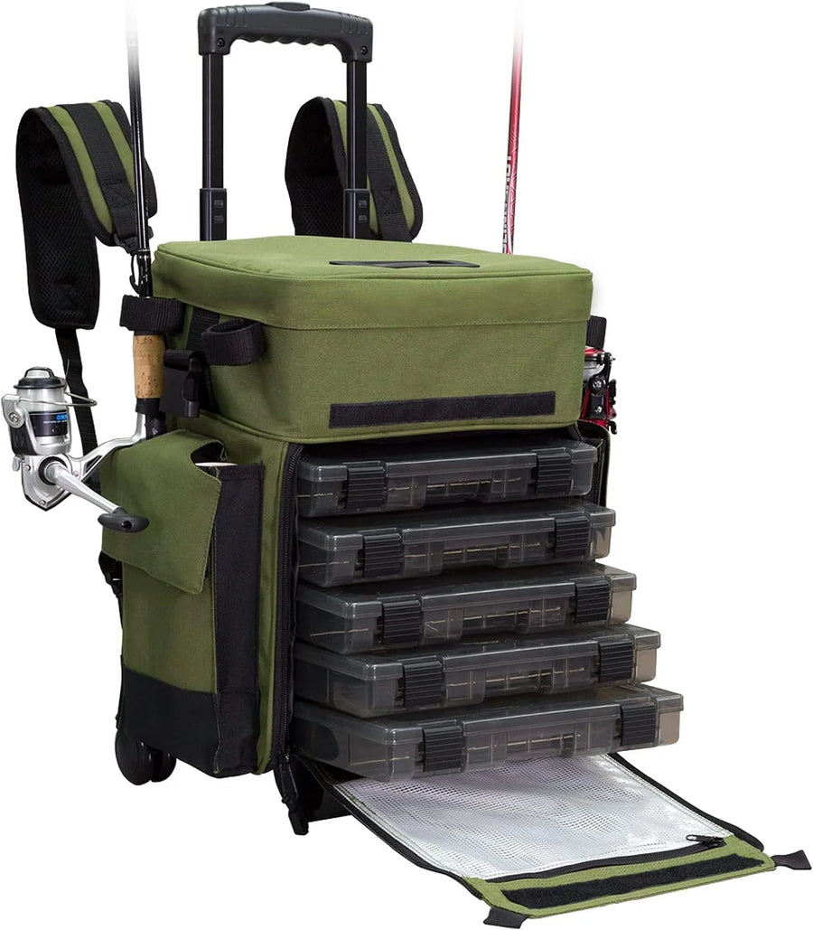 Elkton Outdoors Rolling Tackle Box with Wheels - Waterproof Rolling Fishing Backpack, 5 Removable Tackle Trays, 4 Rod Holders, Fishing Gifts for Men, Fish Tackle Bag, Roller Tackle Box - image 1