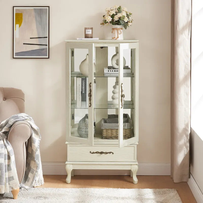 Illuminated Glass Curio Display Cabinet with Adjustable Shelves, Double Doors, and Drawer - Glass Wine Storage Solution - image 7