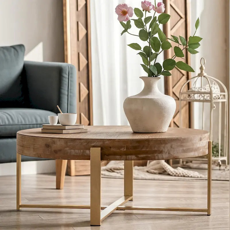 33.86" Modern Retro Round Coffee Table with Cross-Leg Base and Wooden Splicing Design - image 3