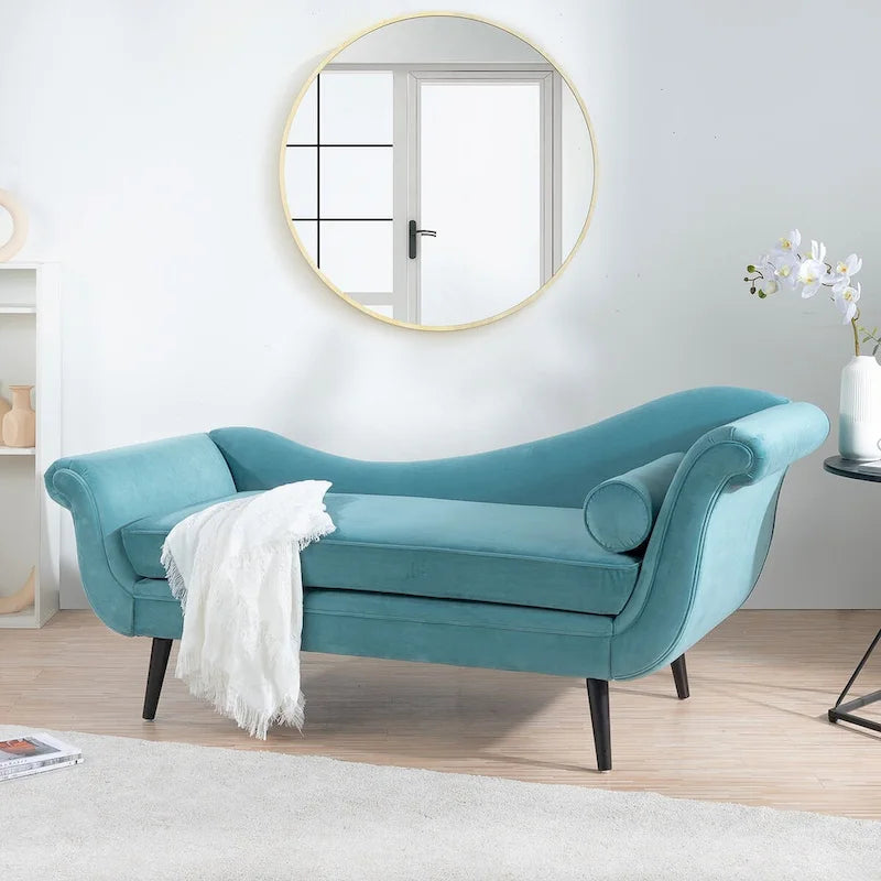 Upholstered Indoor Chaise Lounge Chair with Scroll Arms, Reclining Feature, Rolled Accent Pillow, and Sturdy Solid Wood Legs - image 5