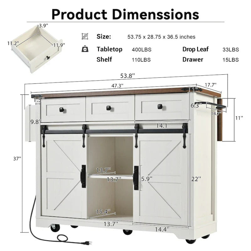 53.7-Inch Farmhouse Kitchen Island with Power Outlet, Featuring 2 Sliding Barn Doors and Drop Leaf Design - image 13