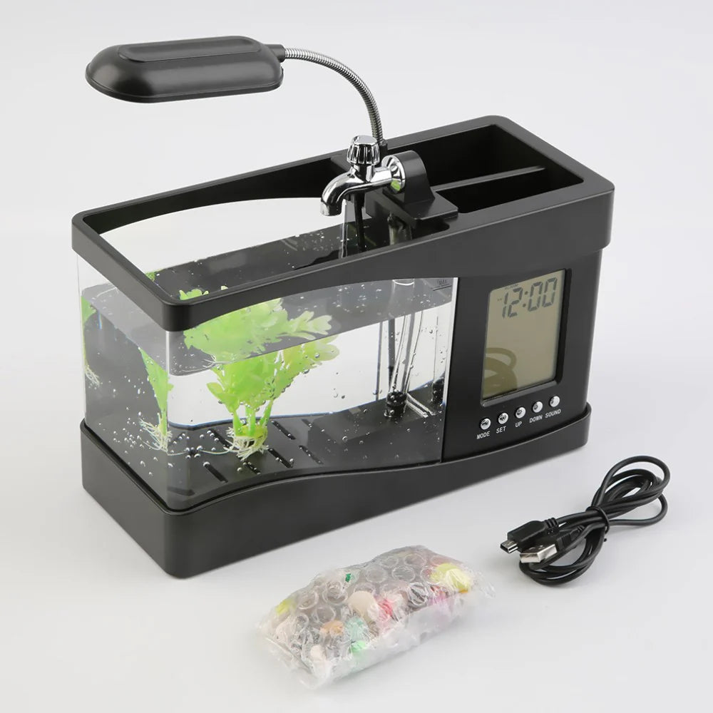 Mini Aquarium Perpetual Calendar Alarm Clock with USB Flowing Lights – LED Desk Fish Tank - image 4