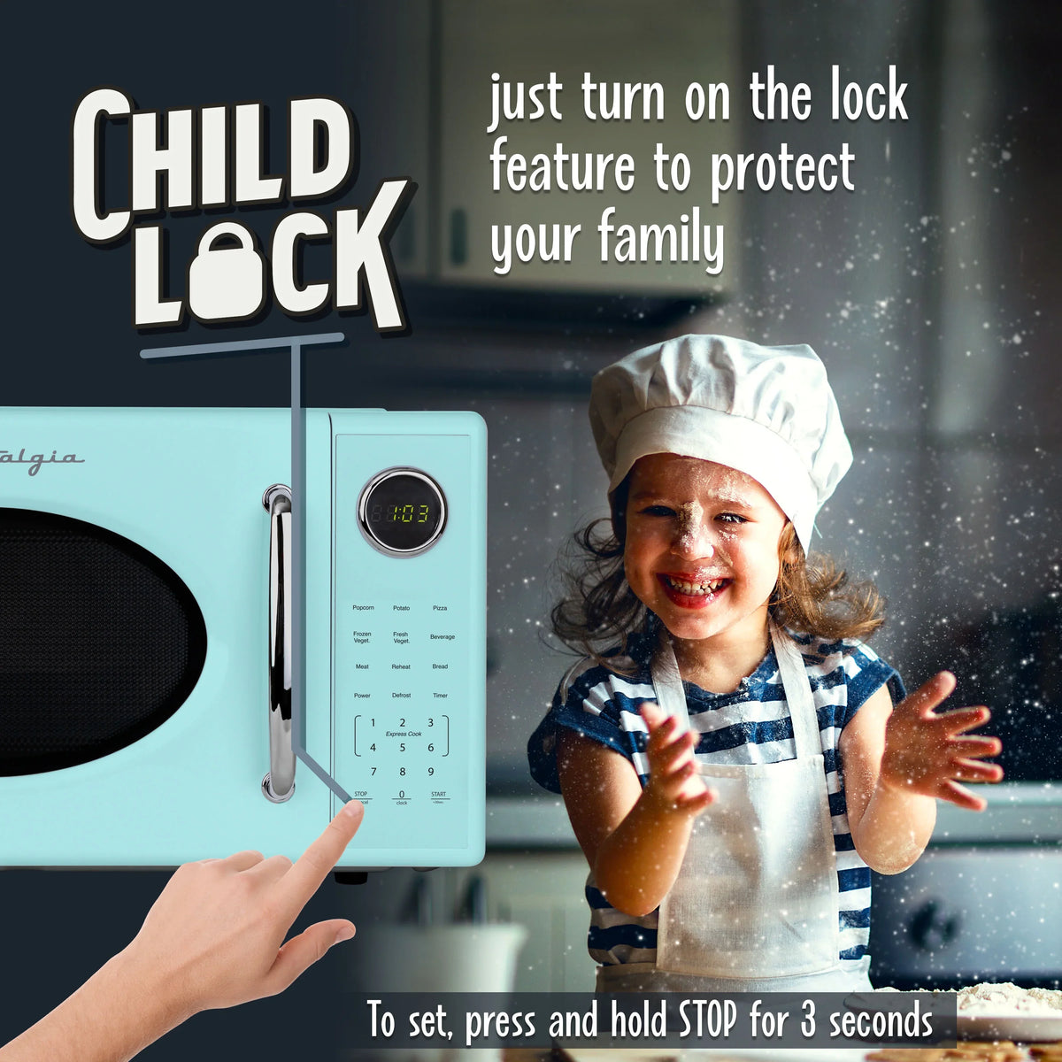 Nostalgia Retro Microwave Oven - 1.1 Cu Ft & 1000-Watt Countertop Size with Glass Turntable, Child Safety Lock, 8 Auto-Cook Programs & Digital Clock - Black - image 30