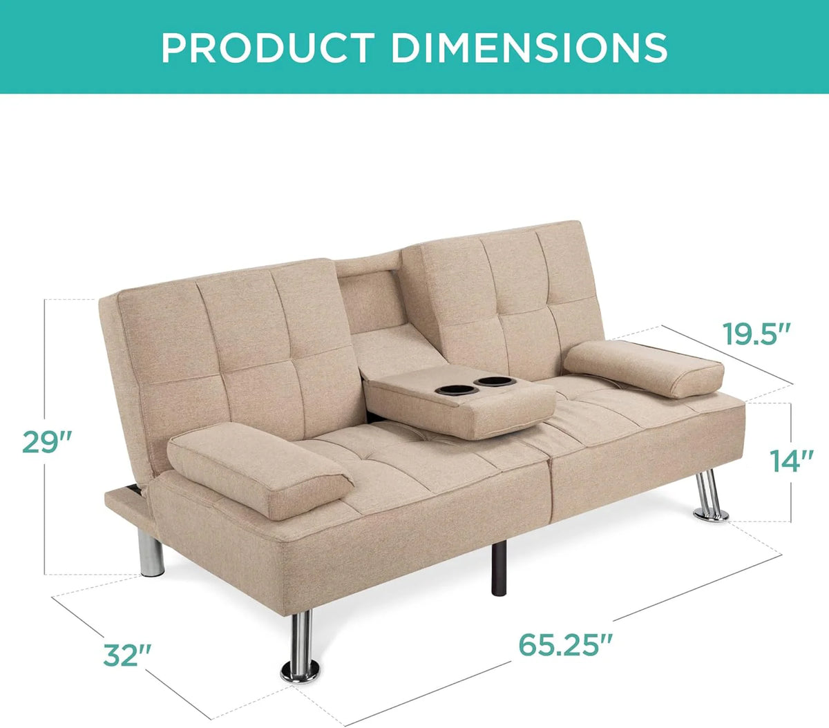 Best Choice Products Linen Upholstered Modern Convertible Folding Futon Sofa Bed for Compact Living Space, Apartment, Dorm, Bonus Room w/Removable Armrests, Metal Legs, 2 Cupholders - Gray - image 11