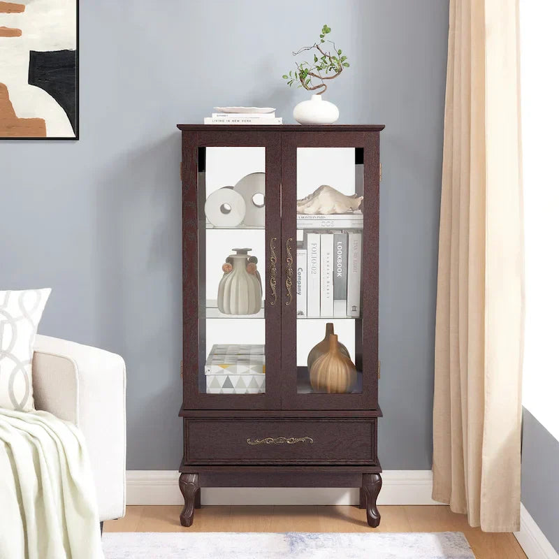 Illuminated Glass Curio Display Cabinet with Adjustable Shelves, Double Doors, and Drawer - Glass Wine Storage Solution - image 25