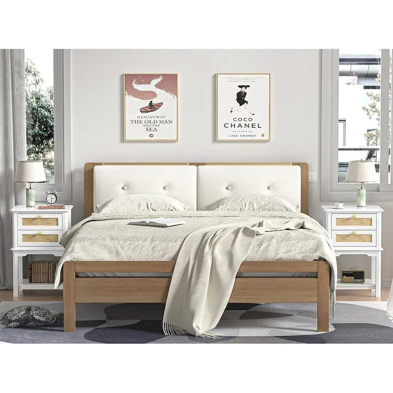 Contemporary 27.95" Tall White 2-Drawer Nightstand with Wood and Rattan, Featuring a Storage Shelf for Bedroom - image 1