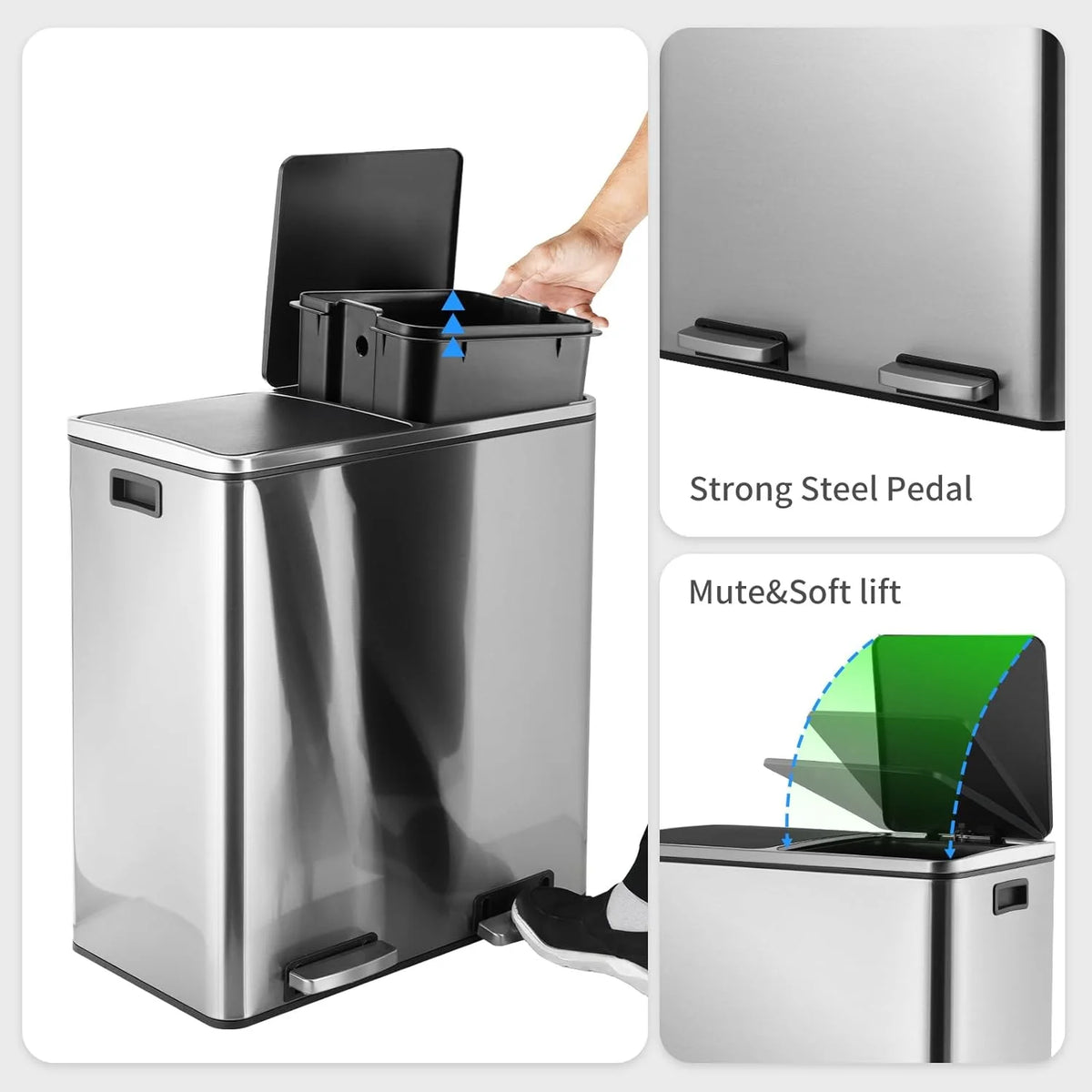 Arlopu 60 L/16 gal Dual Trash Can, Stainless Steel Garbage Can for Kitchen, Recycle Bin with Lid - image 45