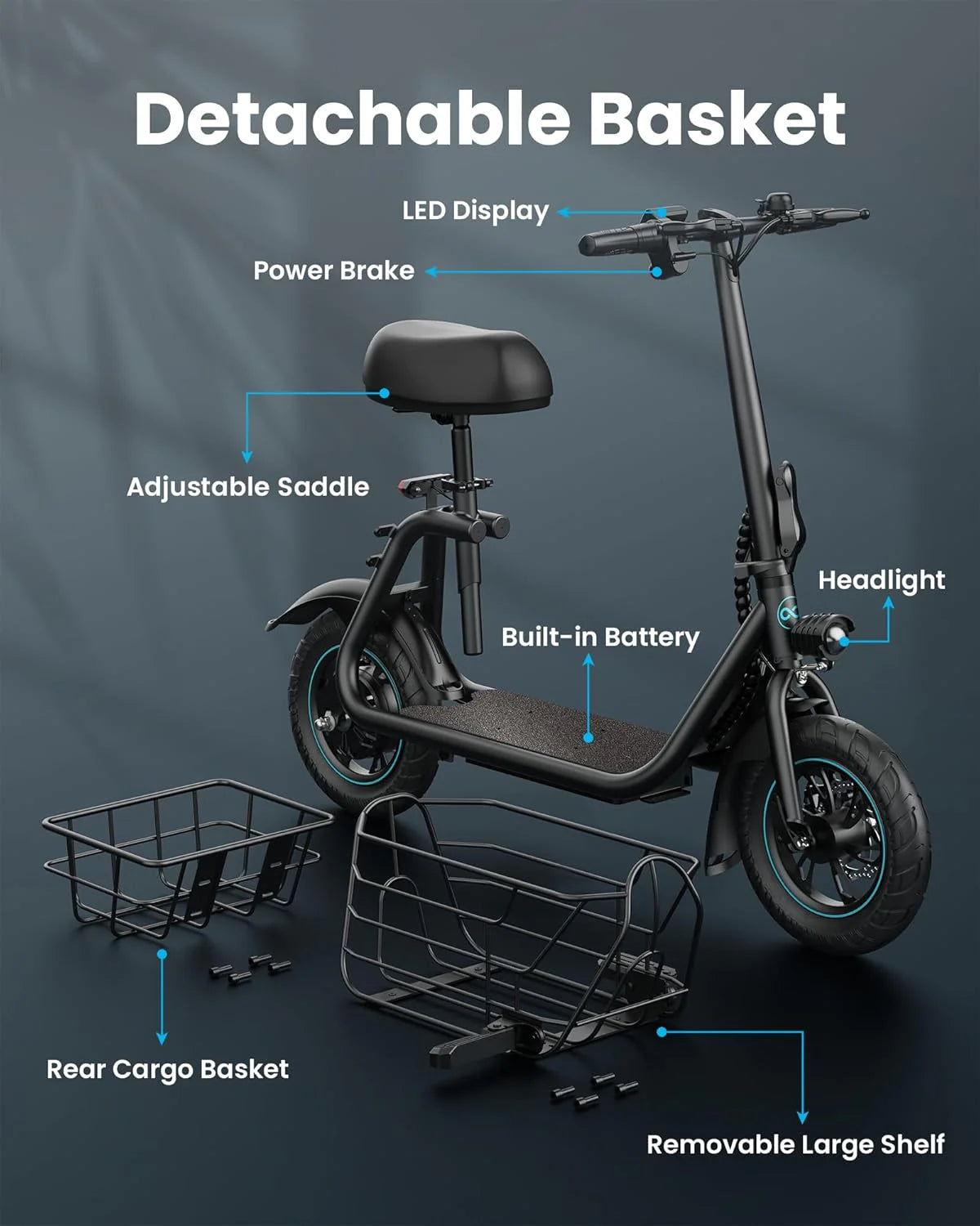 Gyroor Electric Scooter with Basket & Seat, 550W, 20 Mile Range - image 3