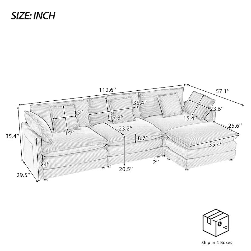 112.6-Inch Corduroy Upholstered L-Shaped Modular Sectional Sofa with Convenient Side Storage Pockets - image 7