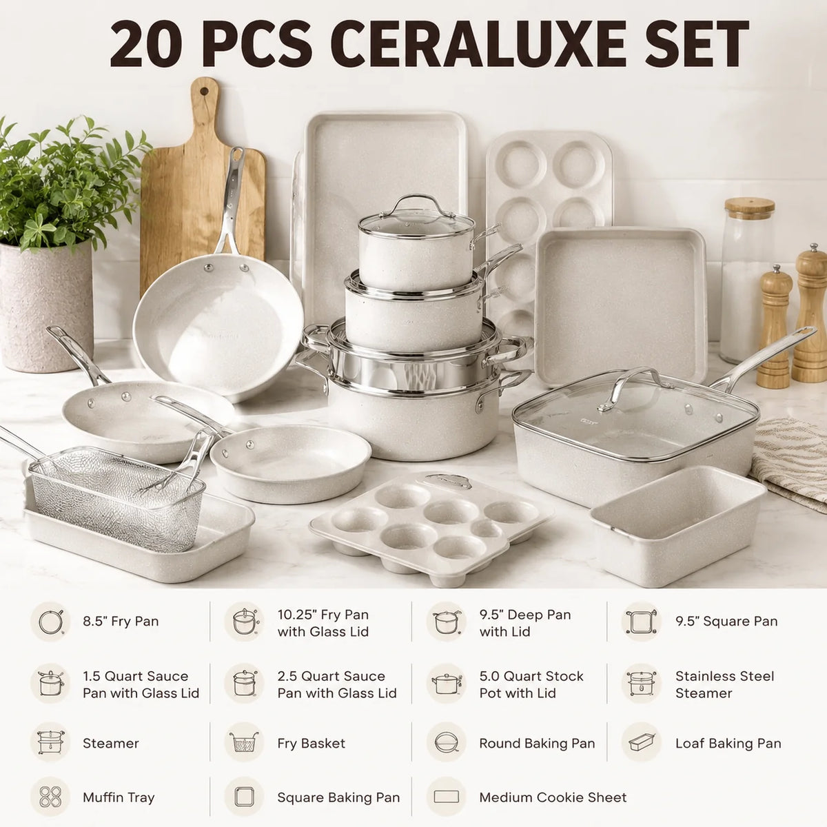 20Pcs Ceramic Nonstick Cookware Set Complete Pots and Pans with Bakeware Steamer Deep Frying Pan Set Beige - image 2
