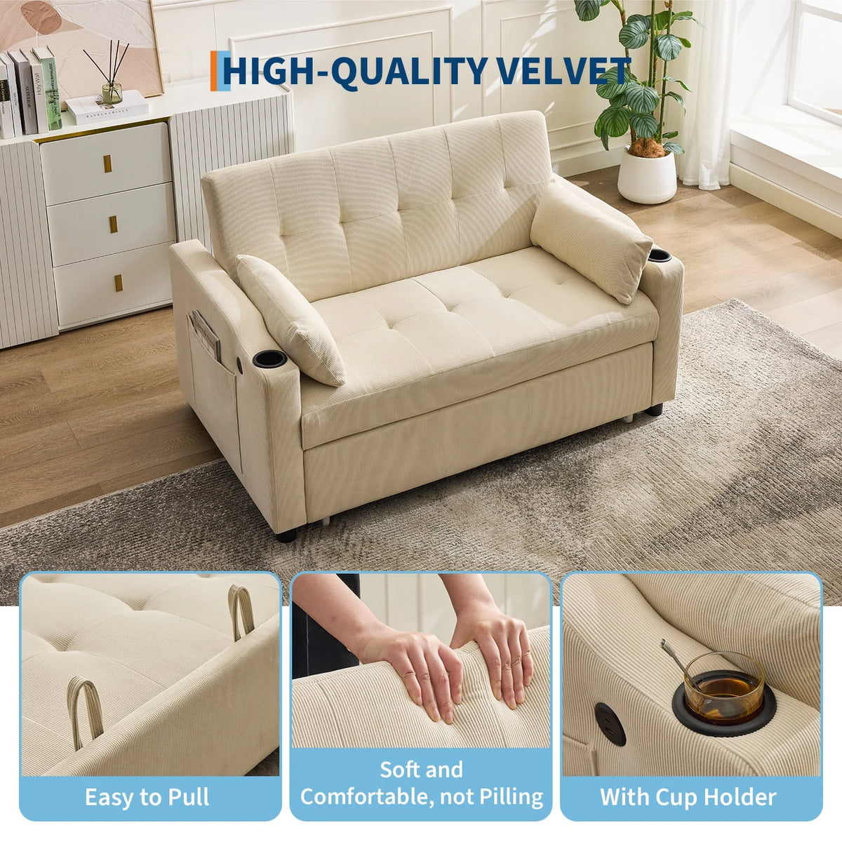 3 in 1 Convertible Sleeper Sofa Bed, Corduroy Futon Couches with Pull-Out Bed, Adjustable Backrest, Charging Port & Side Pockets, Modern Upholstered Sofa for Living Room, Guest Room - image 14