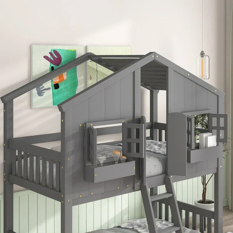 Twin over Twin House Bunk Bed with Roof , Window, Window Box, Door , with Safety Guardrails and Ladder, Grey - image 4