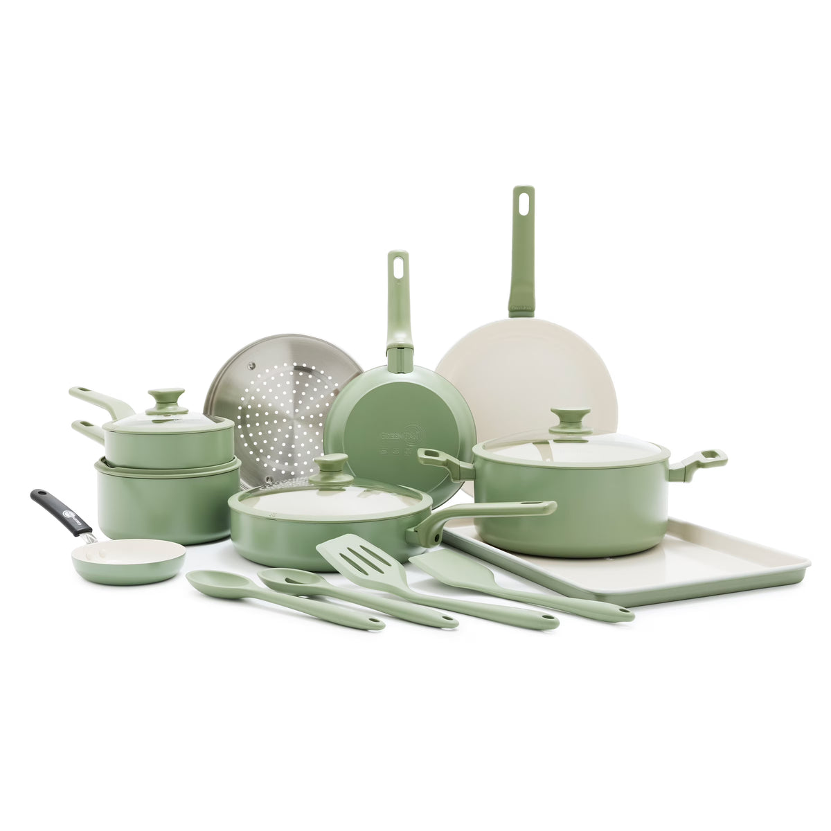 GreenPan Essence 17-Piece Ceramic Nonstick Cookware -C Toxin-Free, Dishwasher & Oven Safe, Green - image 1
