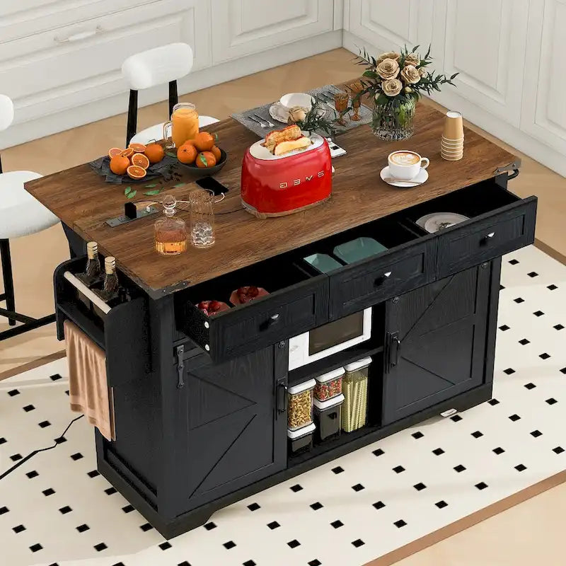 53.7-Inch Farmhouse Kitchen Island with Power Outlet, Featuring 2 Sliding Barn Doors and Drop Leaf Design - image 19