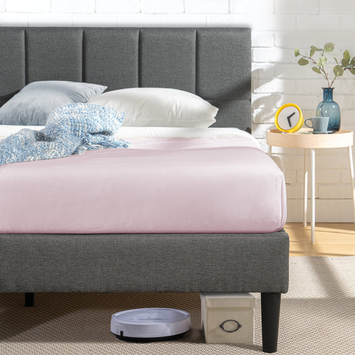 Zinus Lottie 35" Upholstered Platform Bed Frame with USB Ports, Grey, Queen - image 4
