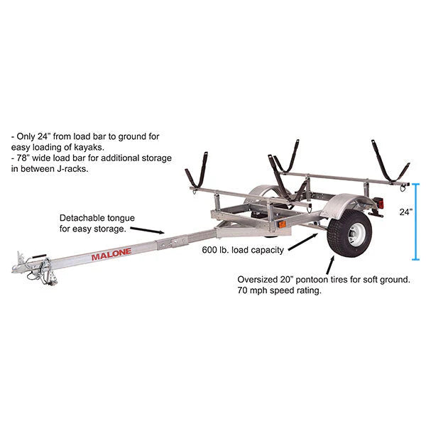 Malone LowMax 2 Kayak Trailer Package, 600 lb Capacity, Galvanized Steel, LED Lights, 70 MPH Rated Tires - image 2