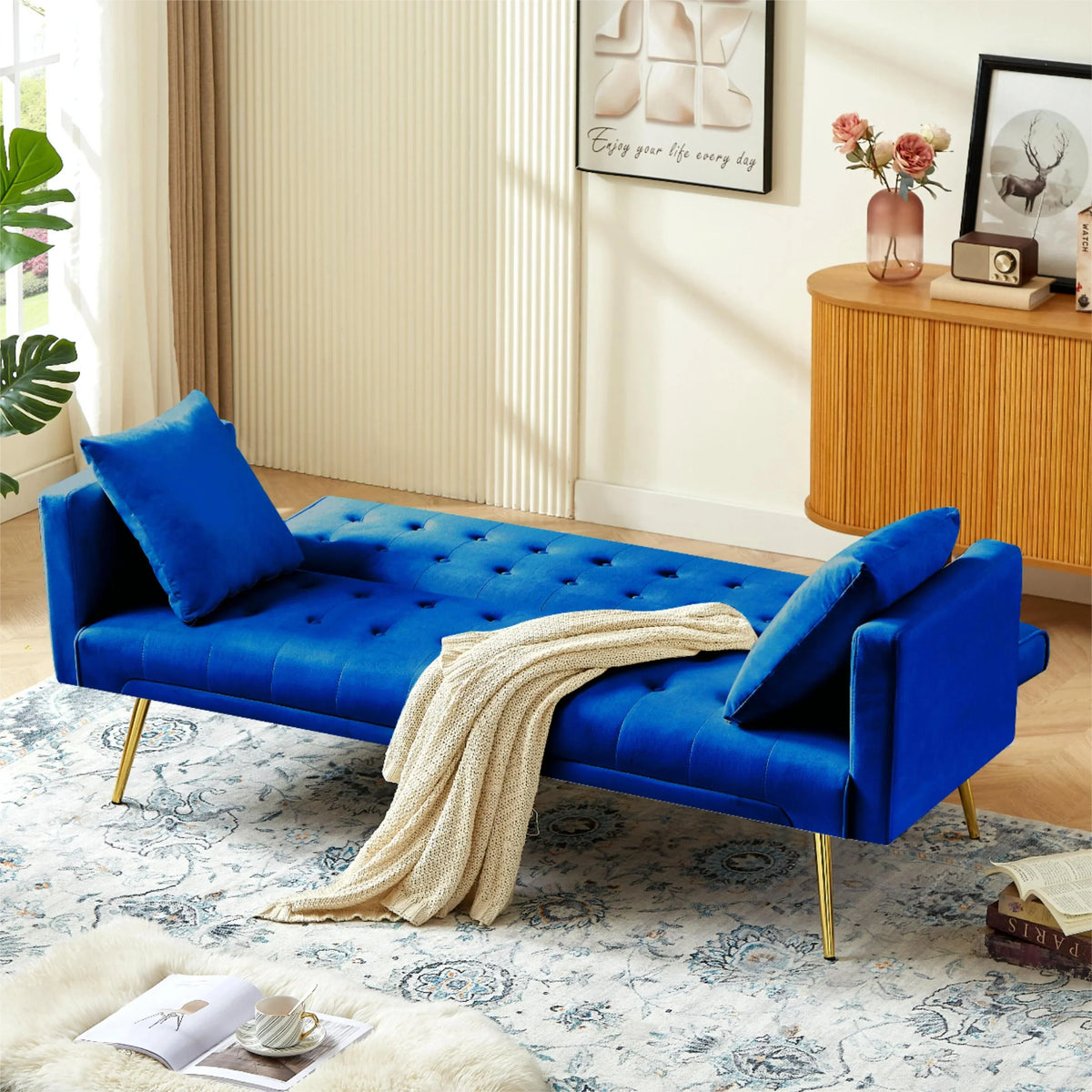 Leumius Velvet Futon Sofa Bed Mid-Century Modern Adjustable Backrest with Pillows, Gray/Gold - image 29