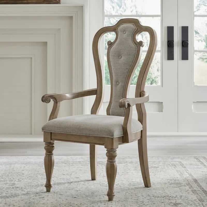 Set of 2 Magnolia Manor Weathered Bisque Upholstered Arm Chairs with Splat Back Design - image 2