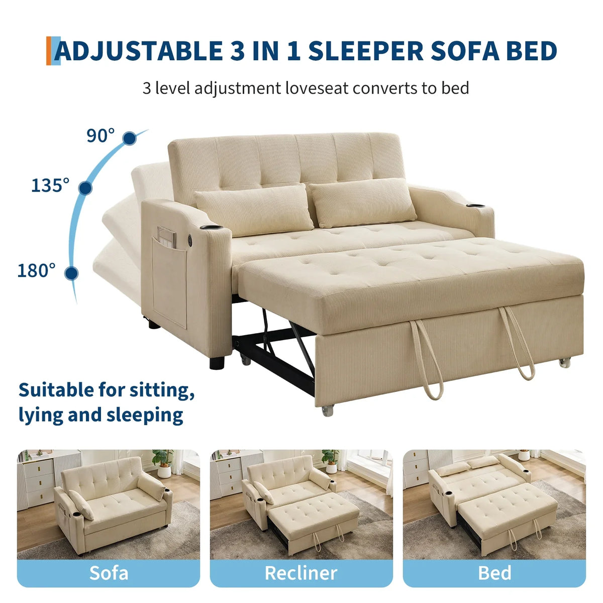 3 in 1 Convertible Sleeper Sofa Bed, Corduroy Futon Couches with Pull-Out Bed, Adjustable Backrest, Charging Port & Side Pockets, Modern Upholstered Sofa for Living Room, Guest Room - image 15