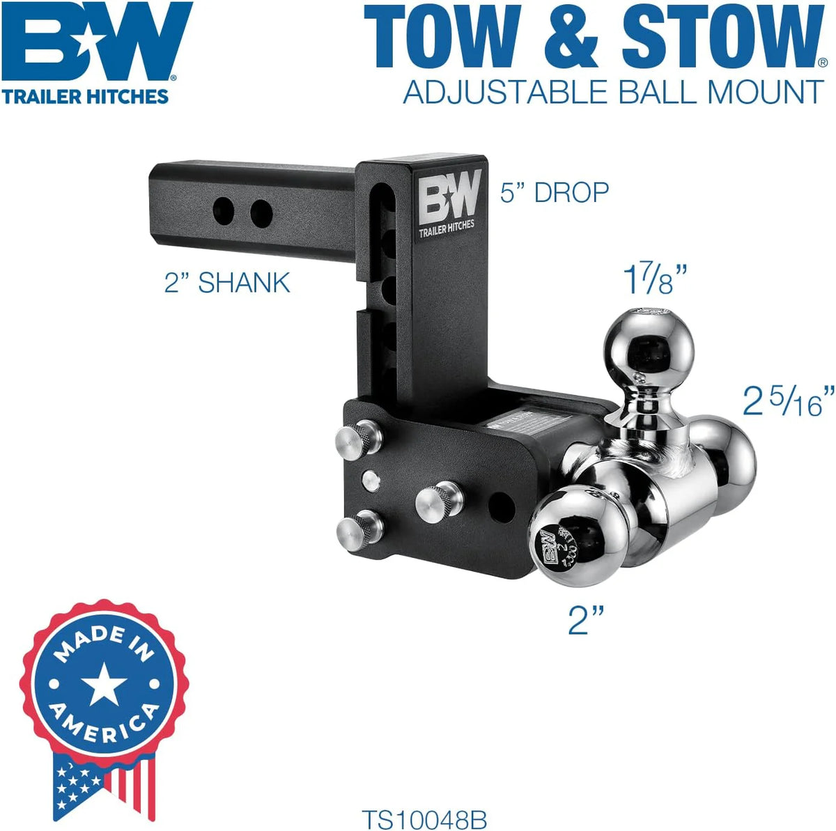 Tow & Stow Adjustable Trailer Hitch Ball Mount - Fits 2" Receiver, Tri-Ball (1-7/8" x 2" x 2-5/16"), 5" Drop, 10,000 GTW - TS10048B - image 2