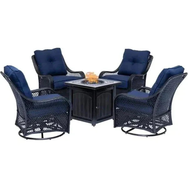 2025 5-piece steel patio fire pit seating set with navy blue cushions, swivel gliders and square fire pit table - image 4