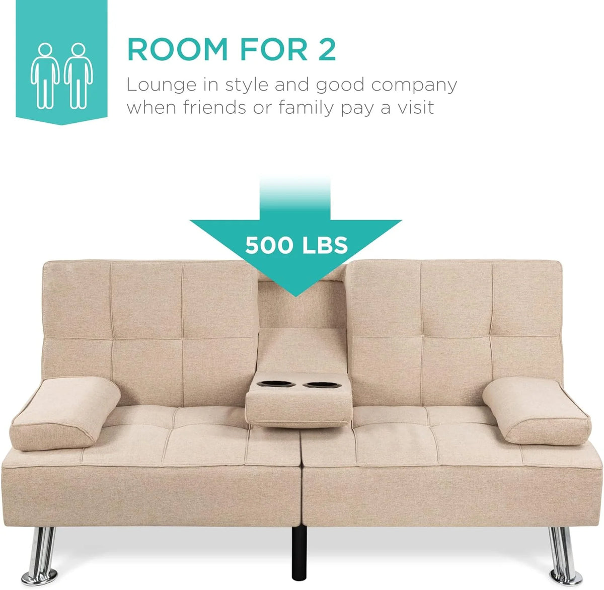 Best Choice Products Linen Upholstered Modern Convertible Folding Futon Sofa Bed for Compact Living Space, Apartment, Dorm, Bonus Room w/Removable Armrests, Metal Legs, 2 Cupholders - Gray - image 7