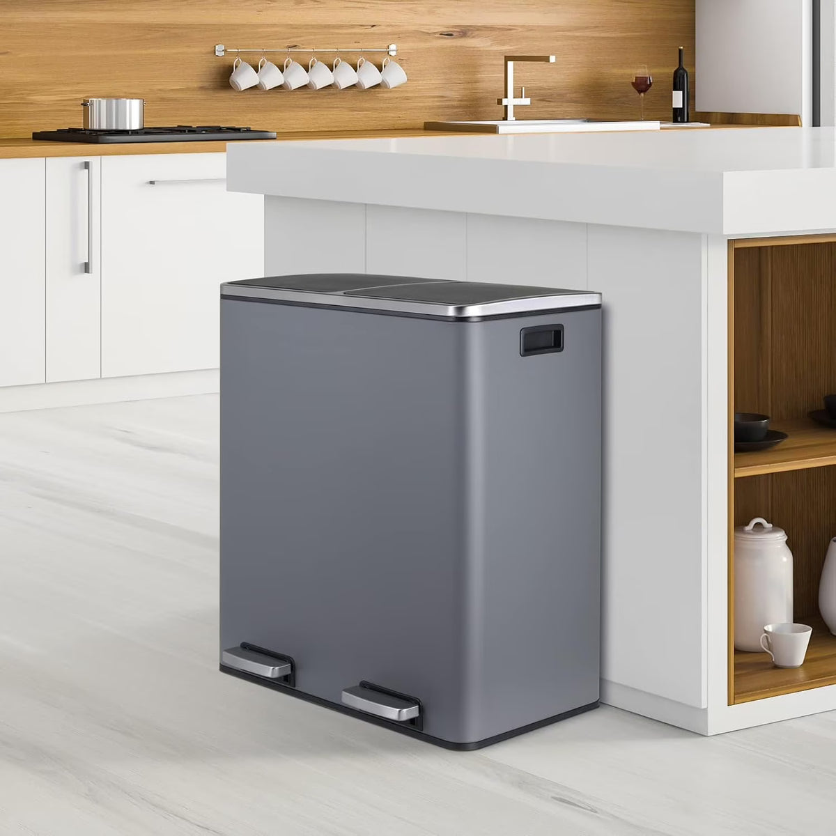 Arlopu 60 L/16 gal Dual Trash Can, Stainless Steel Garbage Can for Kitchen, Recycle Bin with Lid - image 4
